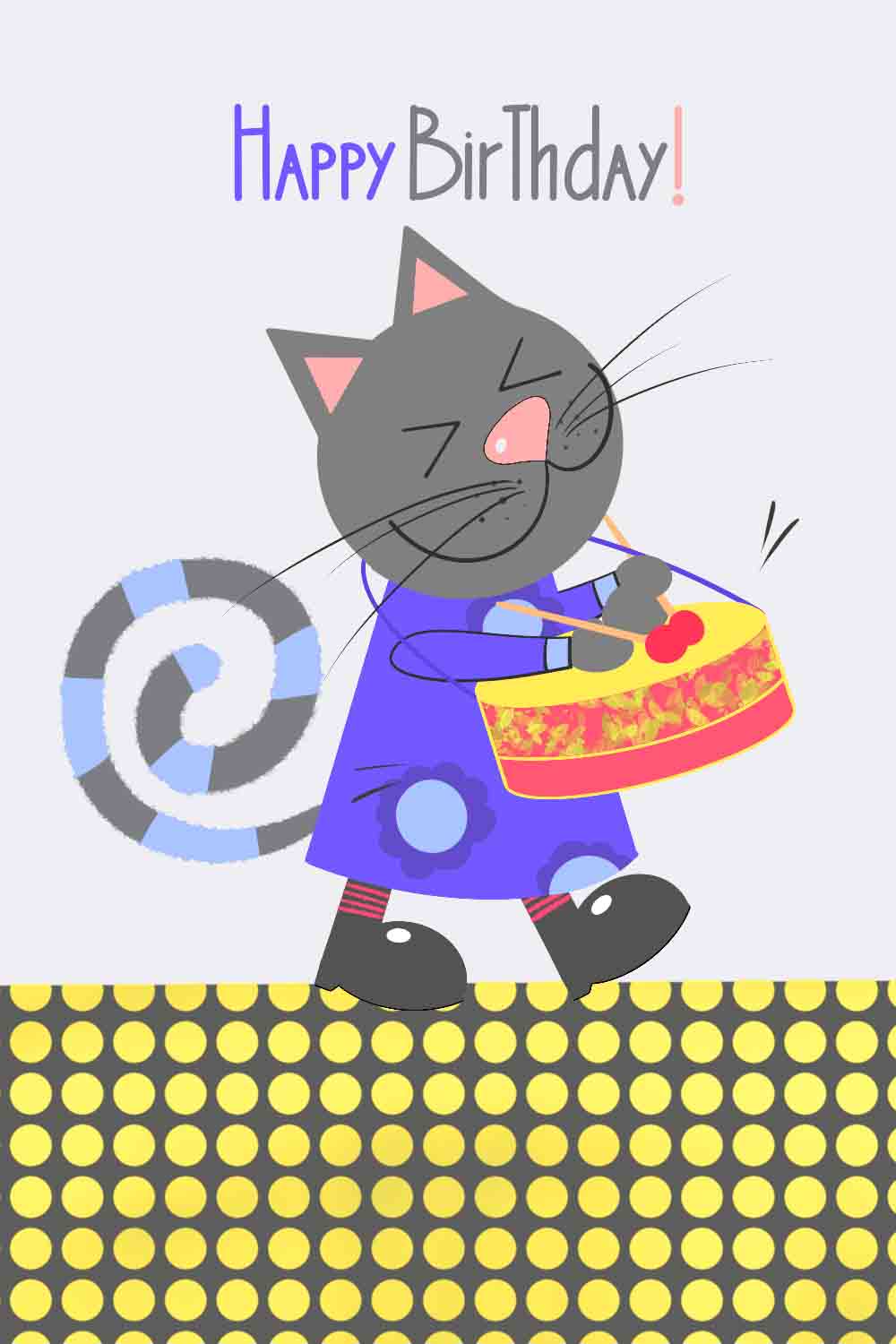 Stylised Drumming Cat Happy Birthday Wishes Card –  Drumming Birthday eCard