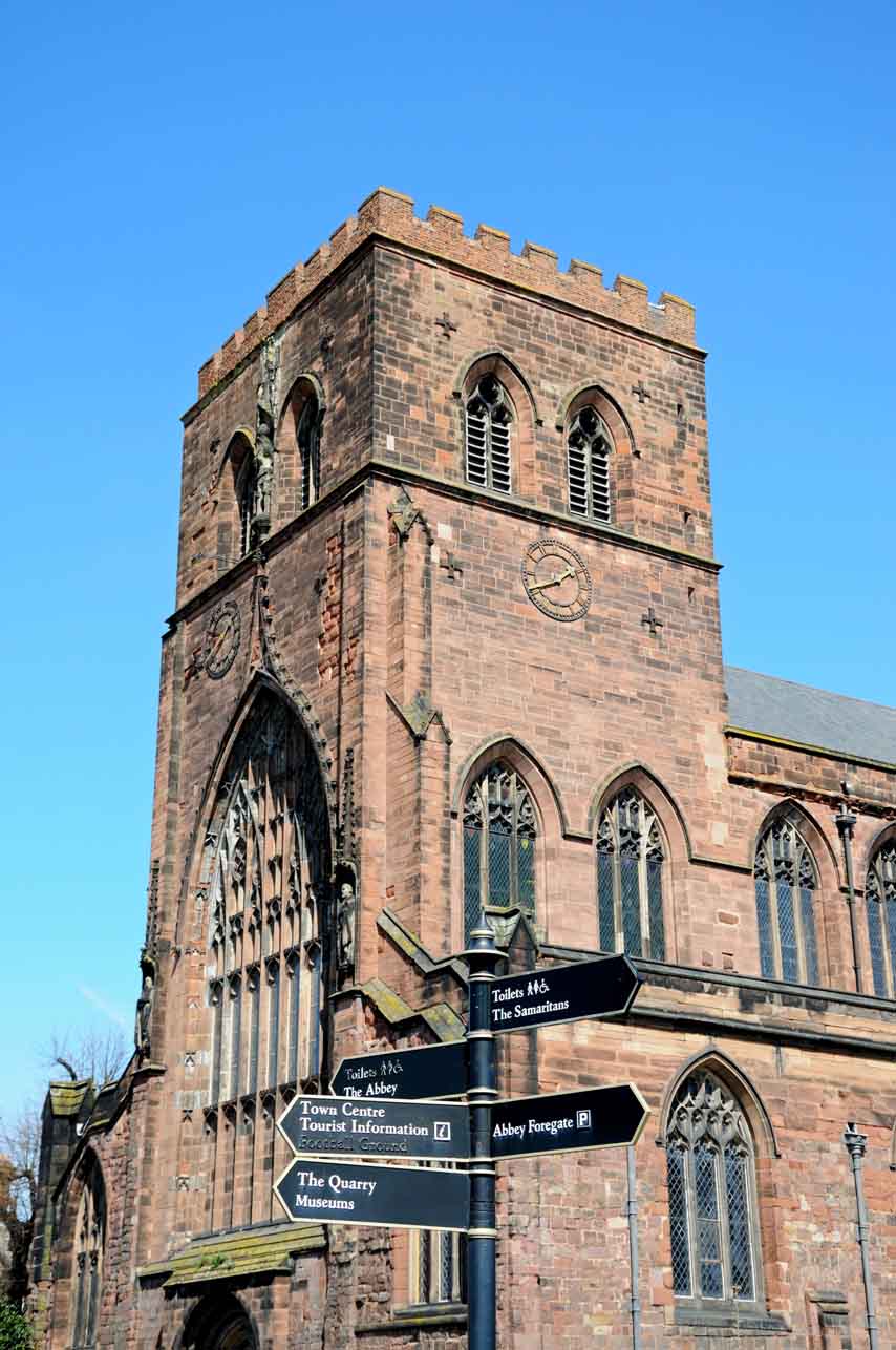 Abbey Church of Saint Peter and Saint Paul with a signpost in the foreground, Shrewsbury-reduced