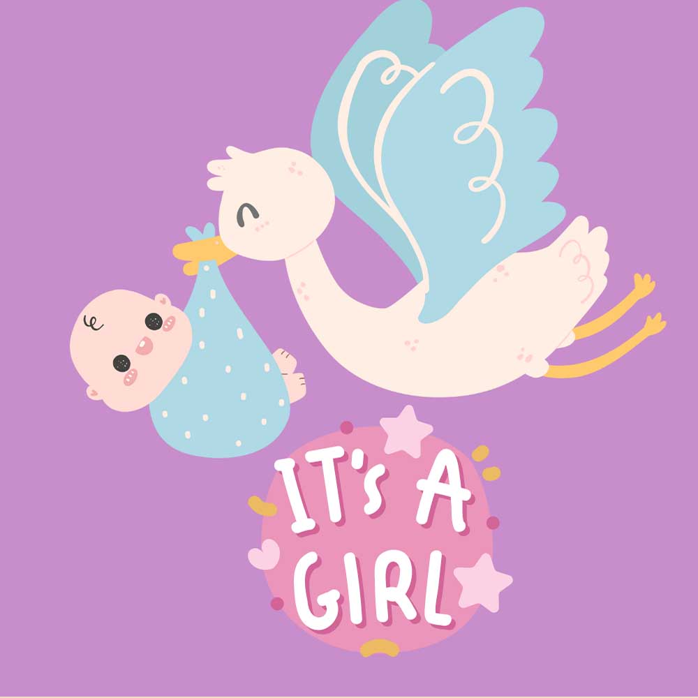 Baby annoucement eCard with Stork and new baby girl
