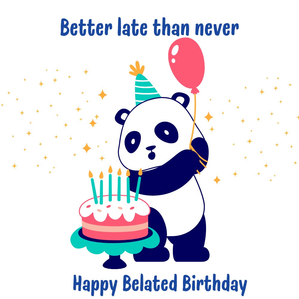 Cute Belated Birthday eCard – Panda with Cake & Balloon