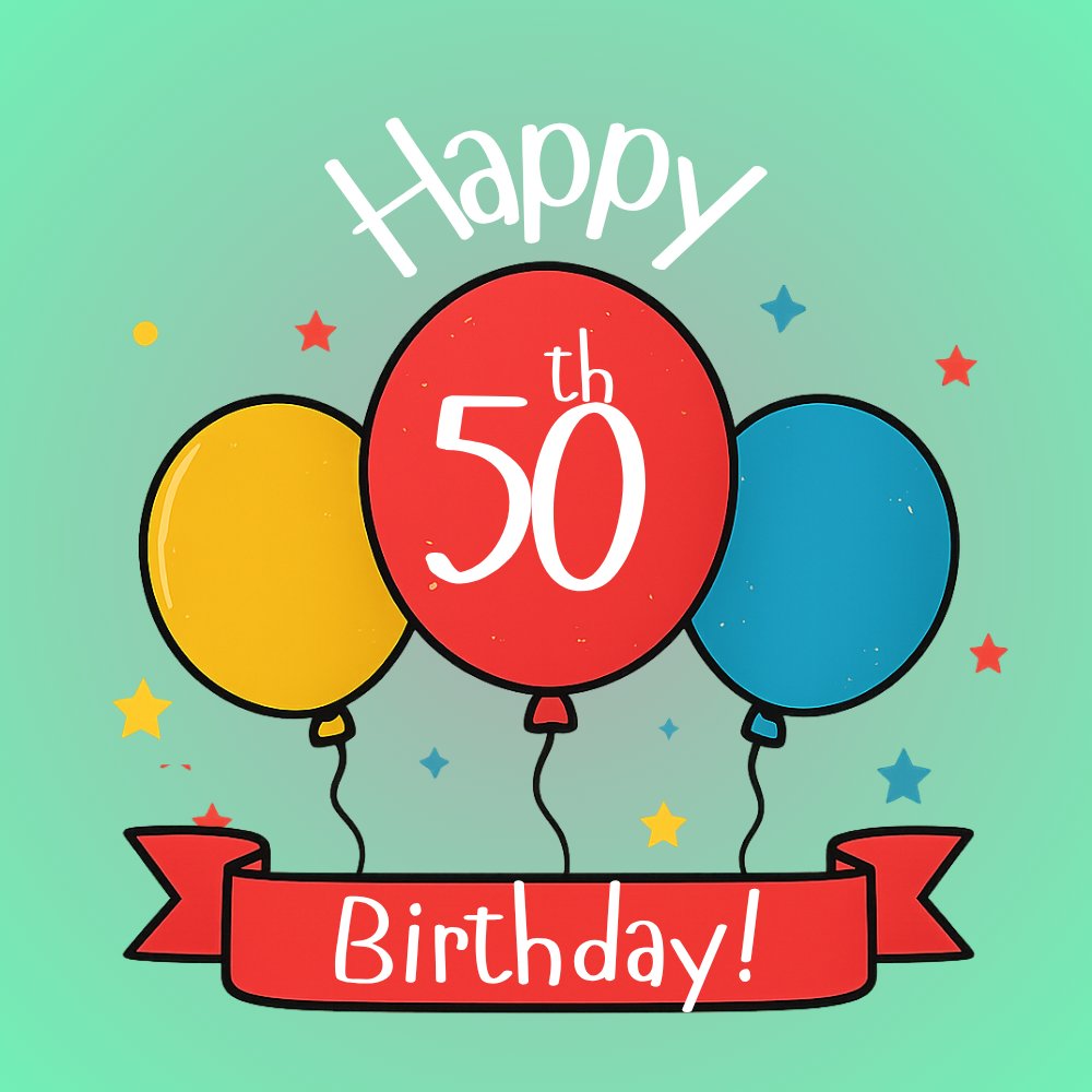 Colourful 50th Birthday eCard Balloons & Stars Celebration