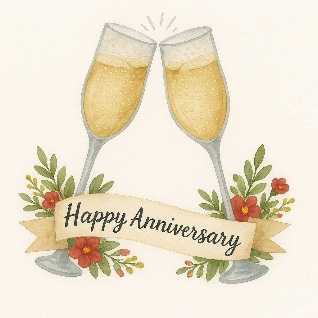 Hand-Drawn Anniversary eCard with Champagne Toast and Floral Accents