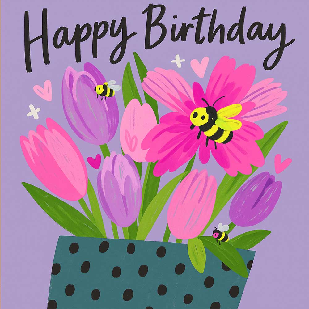 Cute Happy Birthday eCard with Bees and Colourful Flowers