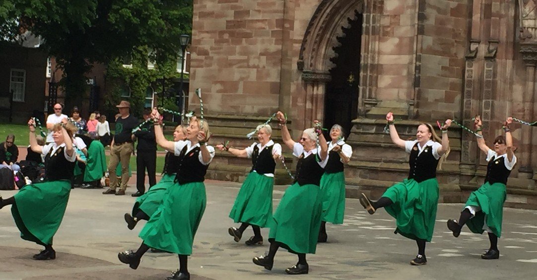 Morris Dancers outside Hereford Cathedral Herefordshire