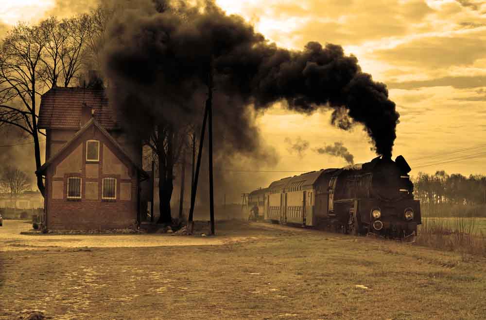 Diesel Train in a beautiful apocalyptic landscape – Charity trains eCard