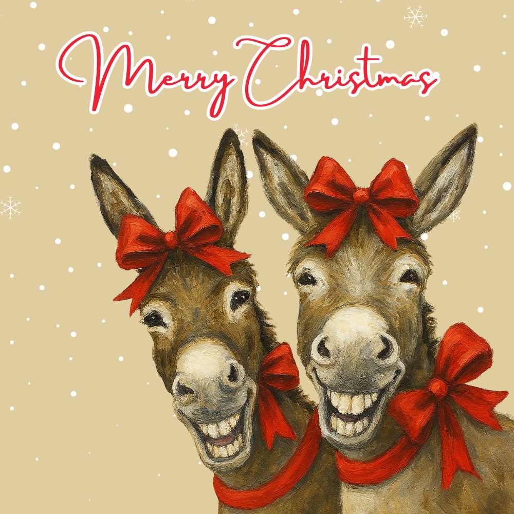 Playful Donkey Duo Christmas eCard with Red Bows
