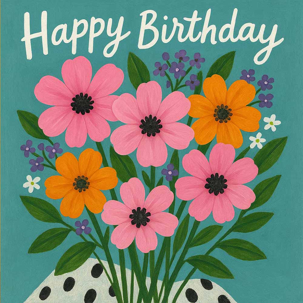 Floral Happy Birthday eCard Colourful Hand-Drawn Flower