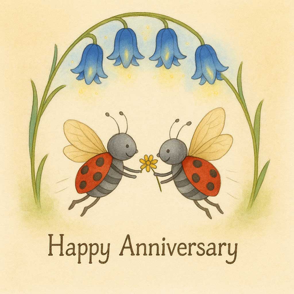 Hand-Drawn Anniversary eCard with Ladybirds and Bluebell Flowers