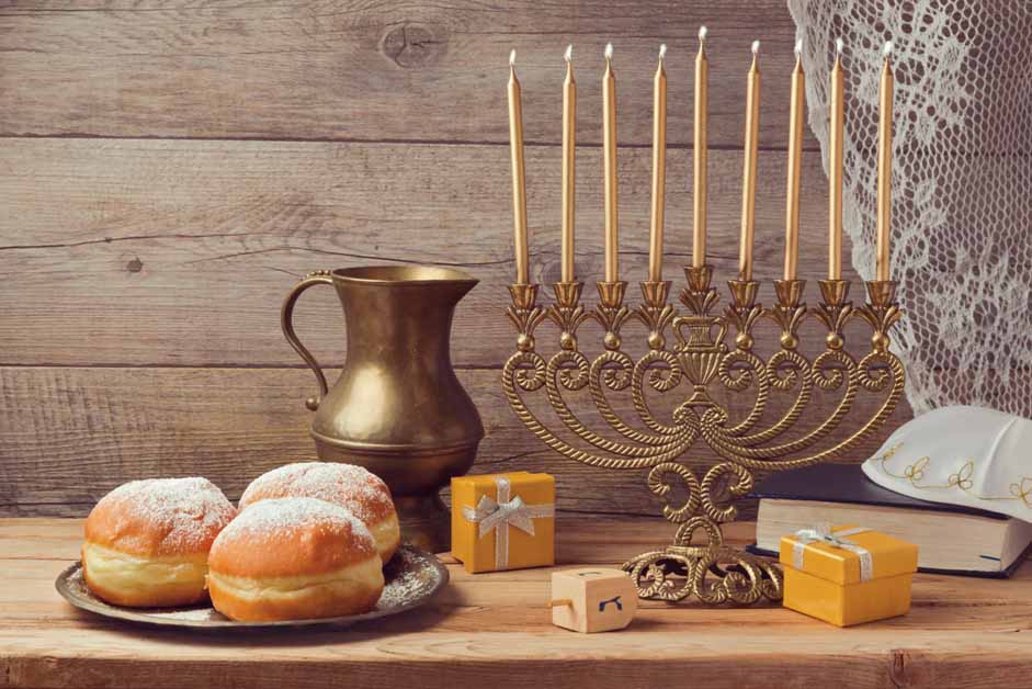 Happy Hanukkah Card – pitcher, bread, gift