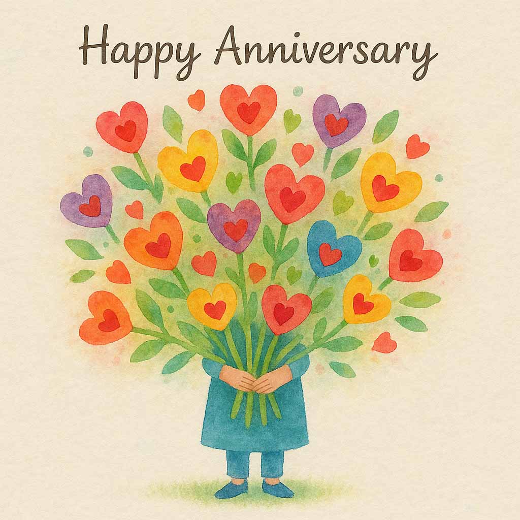 Hand-Drawn Anniversary eCard with Heart-Shaped Flower Bouquet