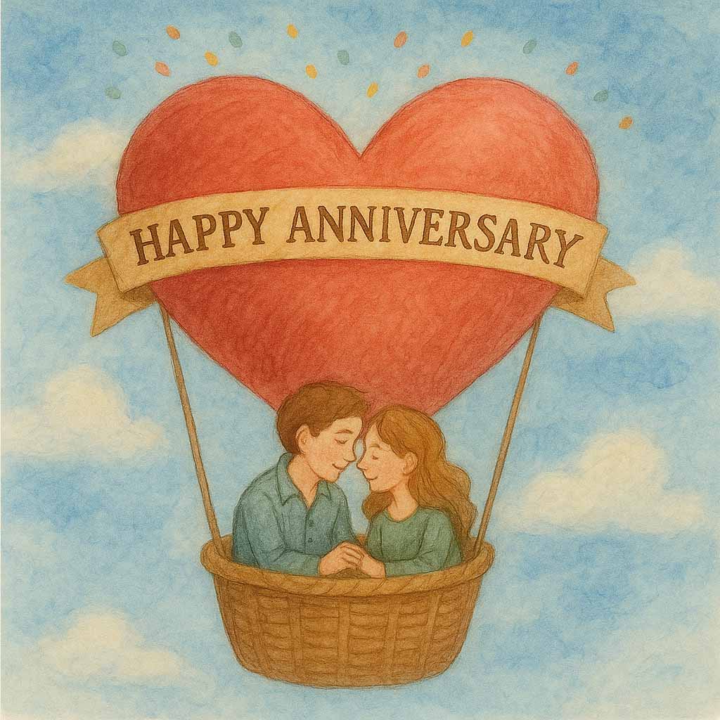 Romantic Hand Drawn Anniversary eCard Couple in Heart-Shaped Hot Air Balloon