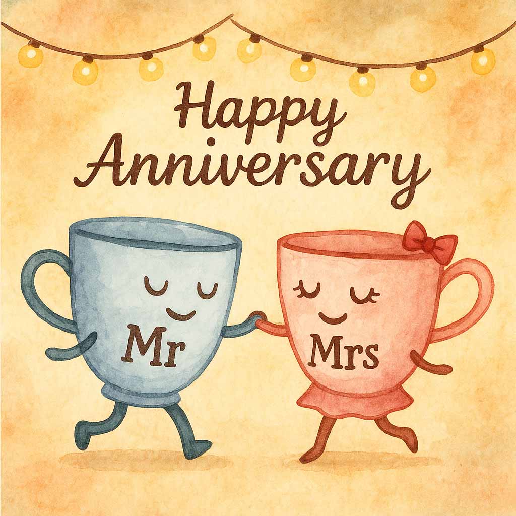 Cute Hand Drawn Mr and Mrs Anniversary eCard Dancing Teacups