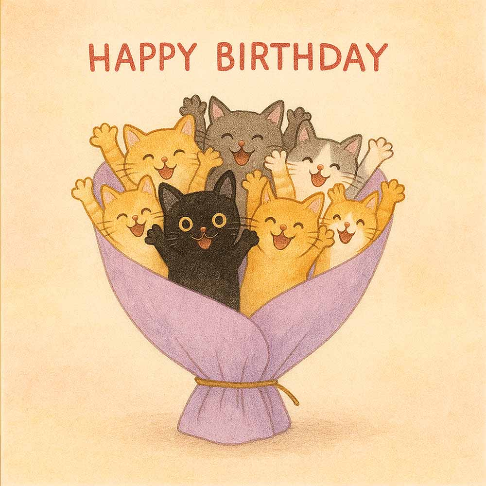 Funny Birthday eCard –  Bouquet of Cats Hand-Drawn Charity Card