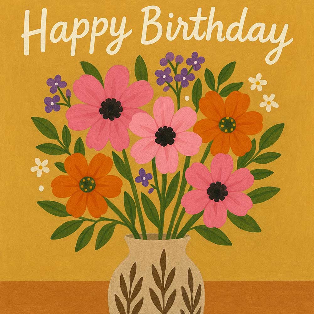 Happy Birthday Floral eCard Colourful Flower Bouquet in Vase