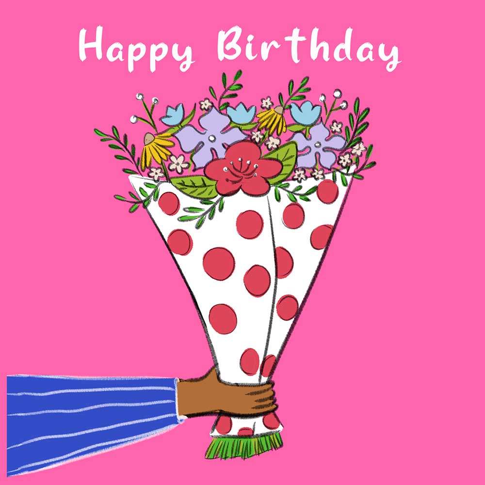 Happy Birthday from her to him : hand with a bunch of flowers eCard