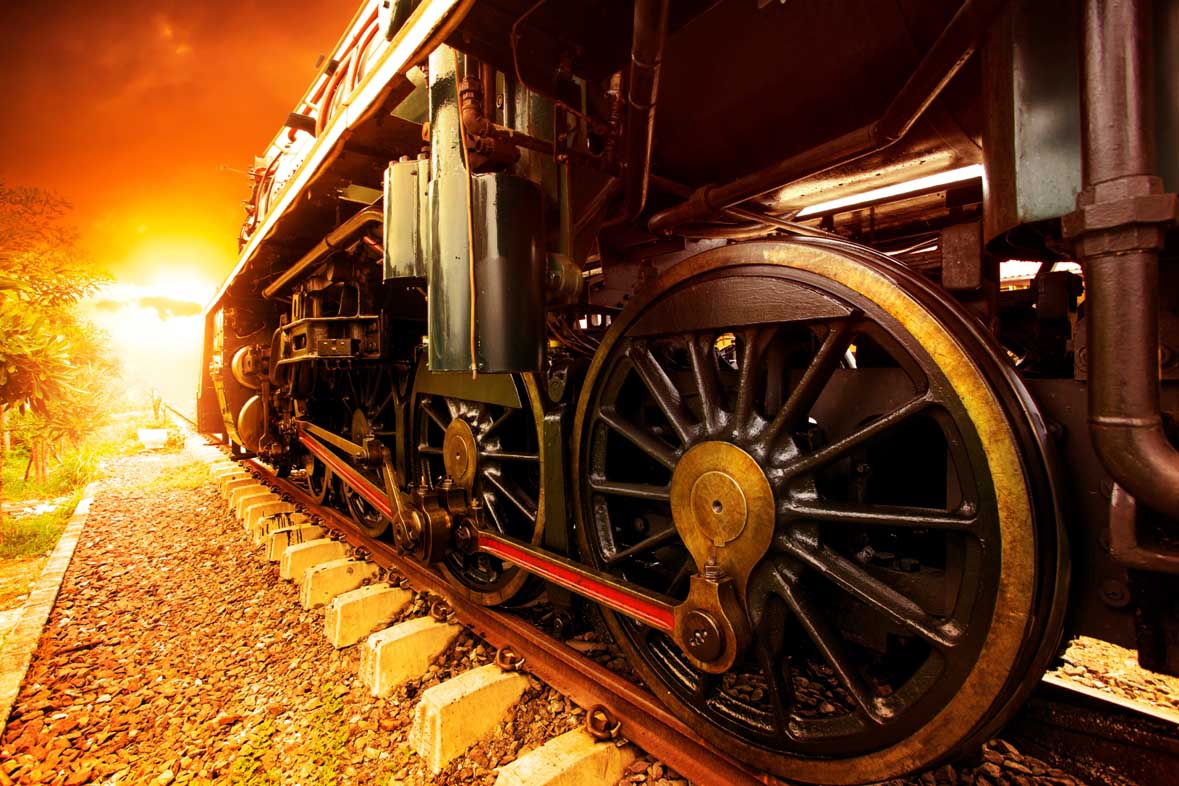 Picturesque Locomotive Steam Train Engine Wheels on Tracks : Charity Trains eCard