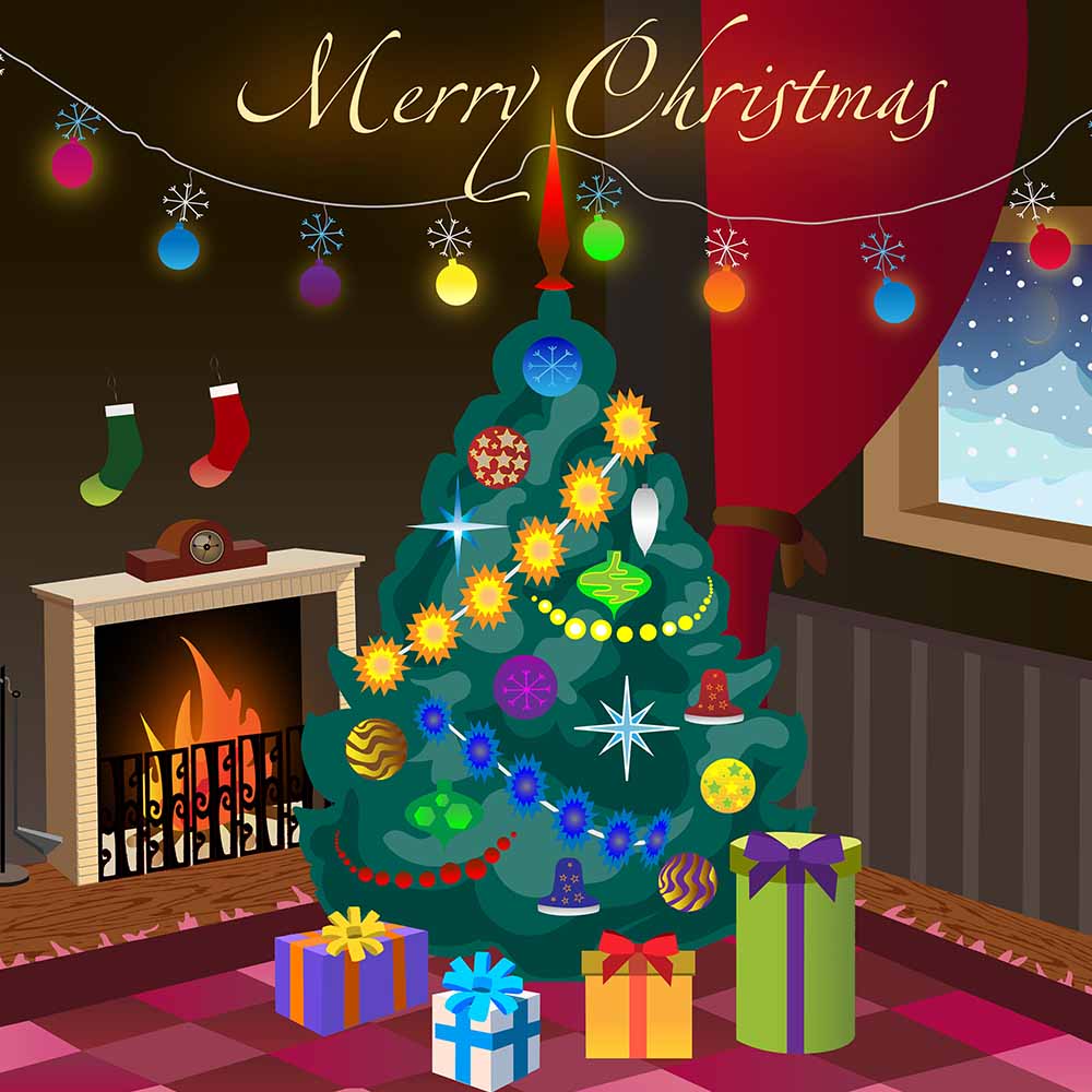 Festive Christmas Charity eCard with Decorated Tree, Gifts & Cosy Fireplace