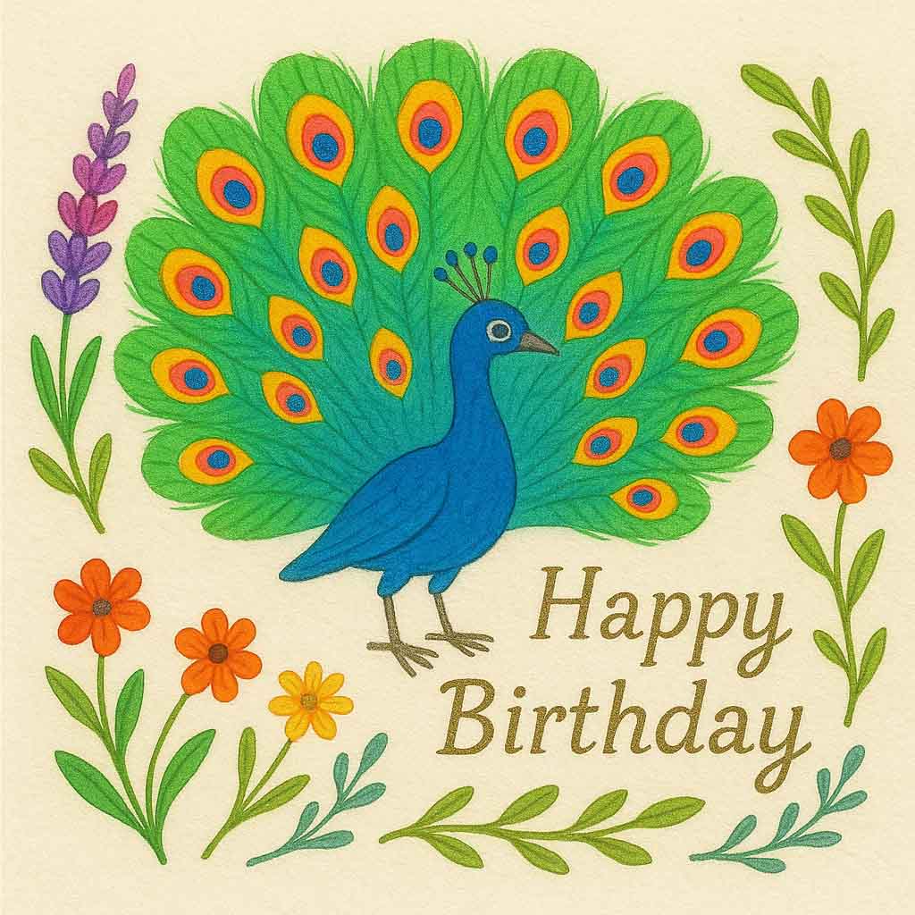 Hand-Drawn Peacock Happy Birthday eCard