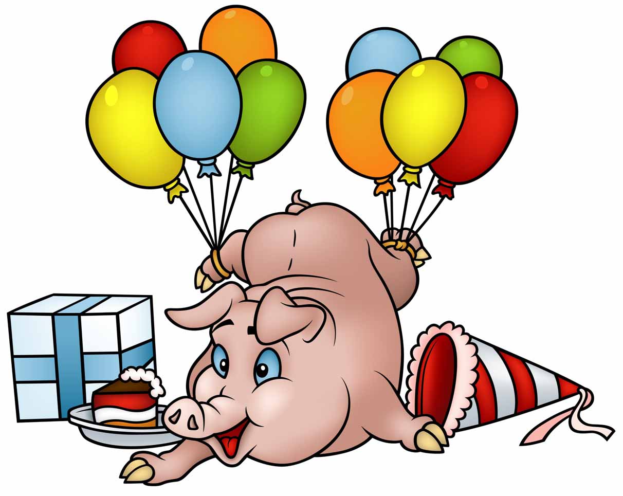 Cartoon Pig doing handstand and sending birthday greetings