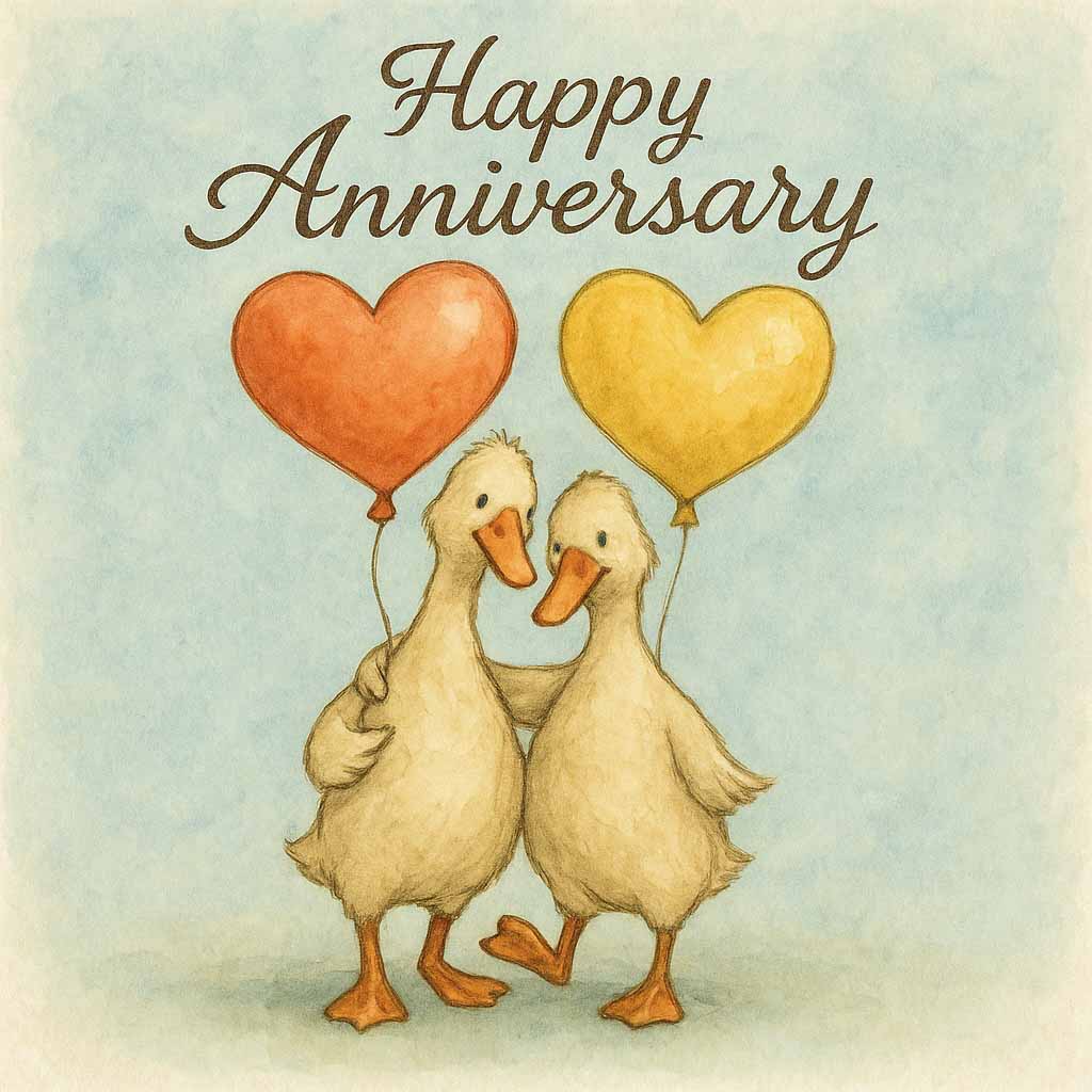 Romantic Hand-Drawn Anniversary eCard with Ducks and Heart Balloons