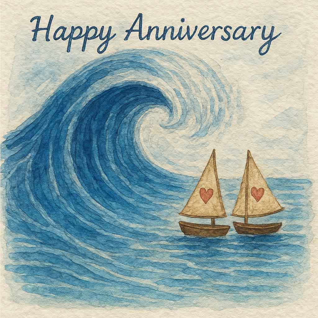 Hand Drawn Sailing Love Anniversary eCard Romantic Ocean Wave