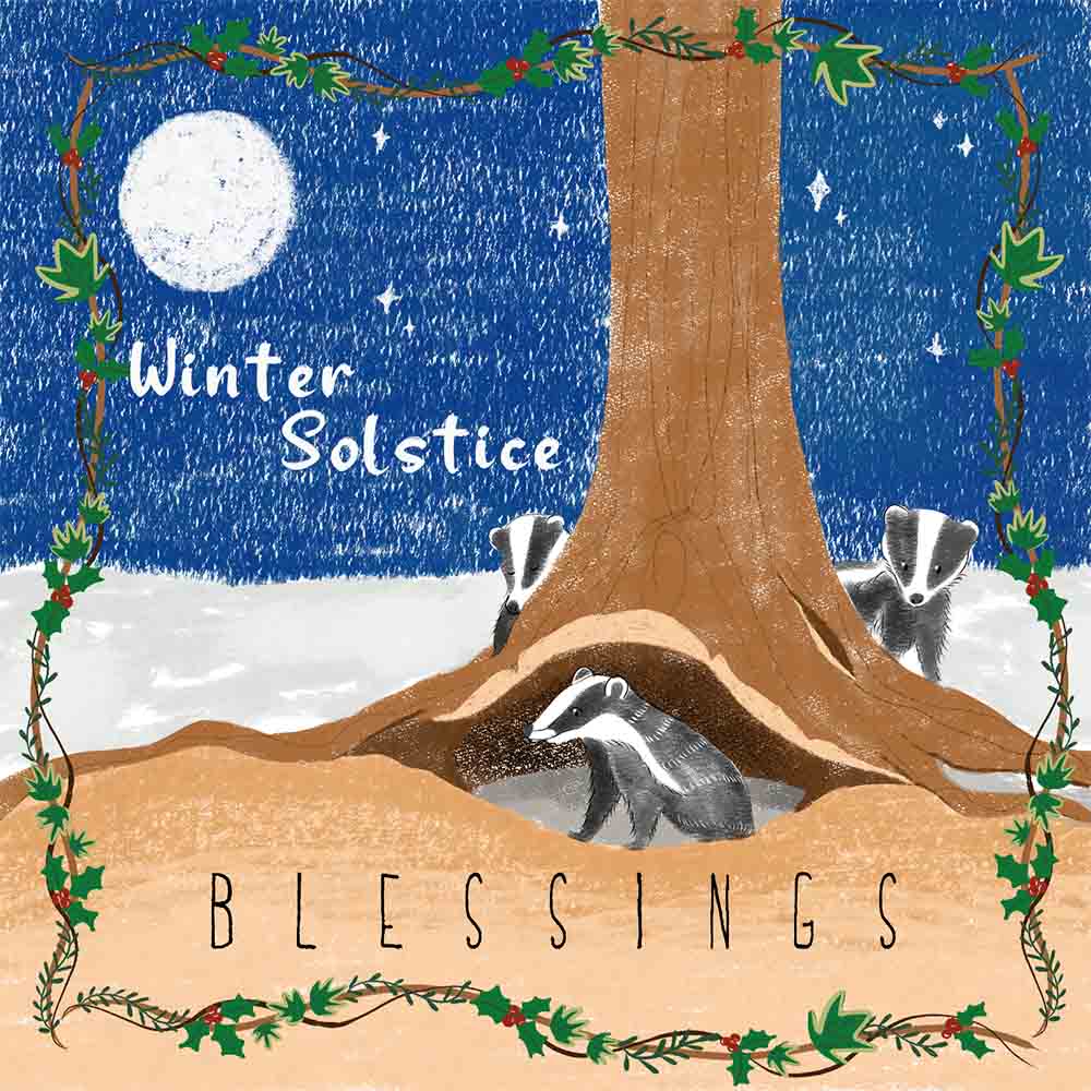 Winter Solstice Wishes Card :  Badgers by a tree