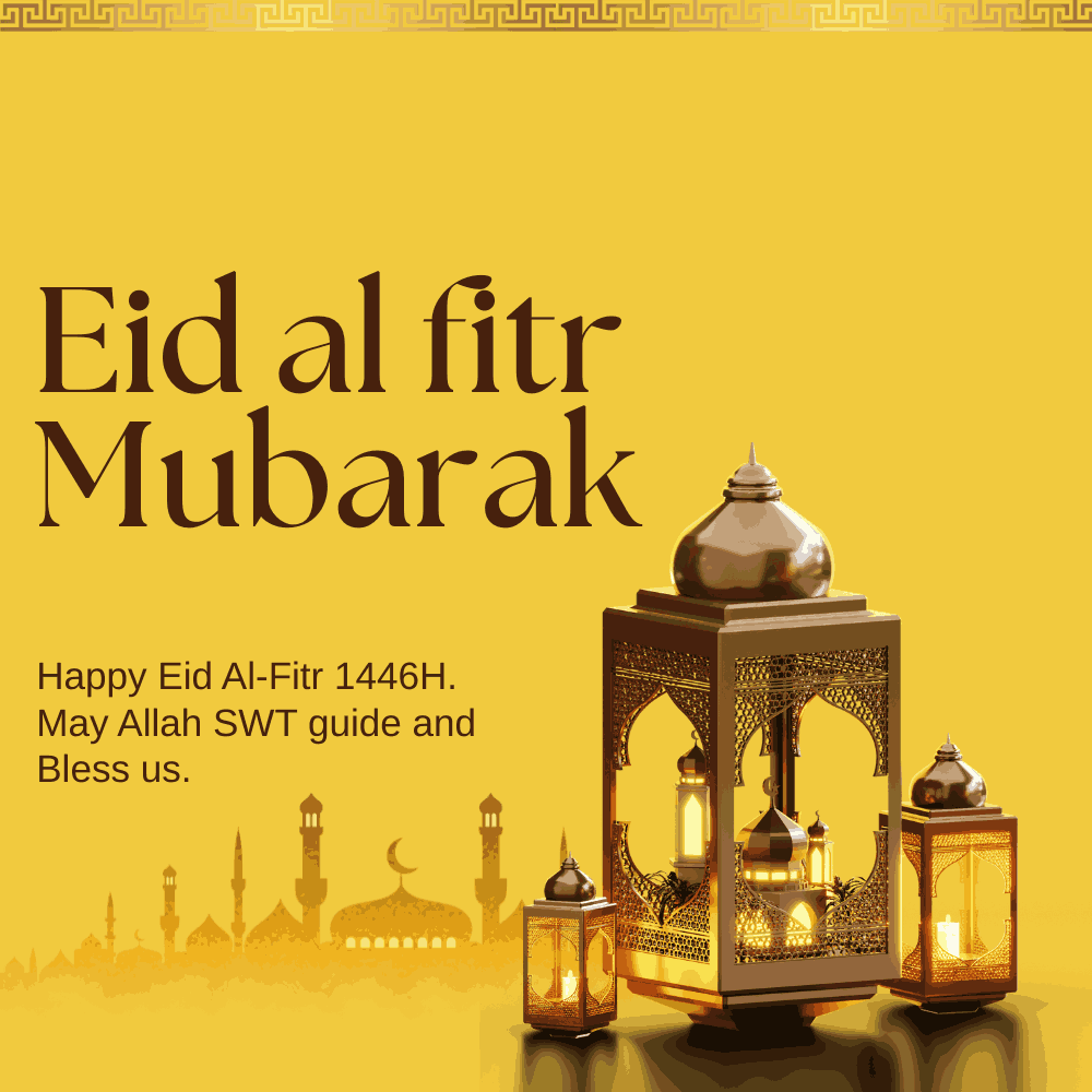 Eid al-Fitr Mubarak Greeting with Golden Lanterns and Mosque Silhouette