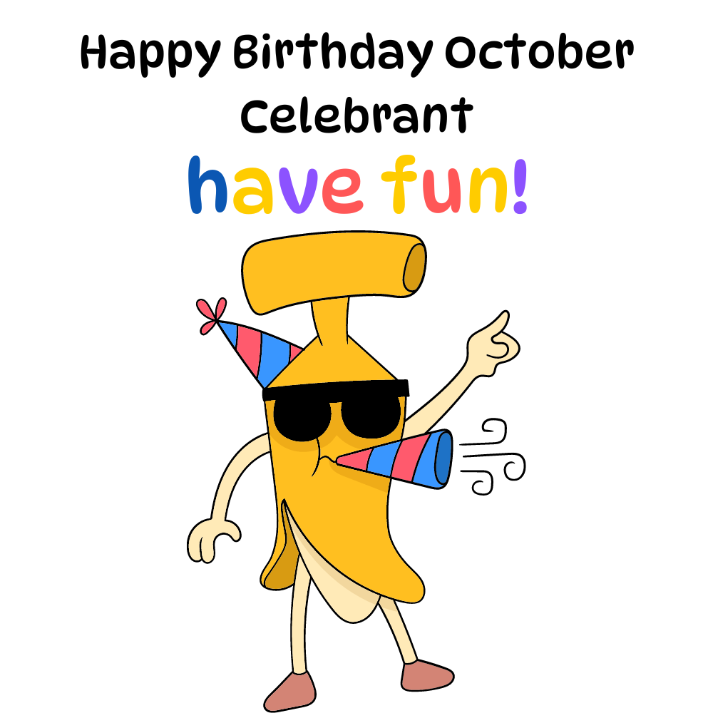 Happy Birthday October Celebrant eCard with Party Hat, Sunglasses, and Balloon Blower