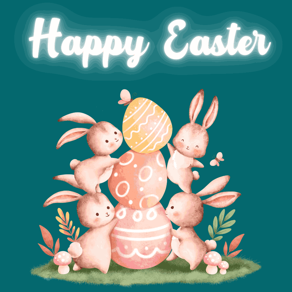 Glowing Happy Easter eCard Bunnies with Egg Stacks