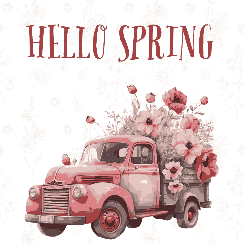 Hello Spring – AI Generated Truck with Spring Flowers