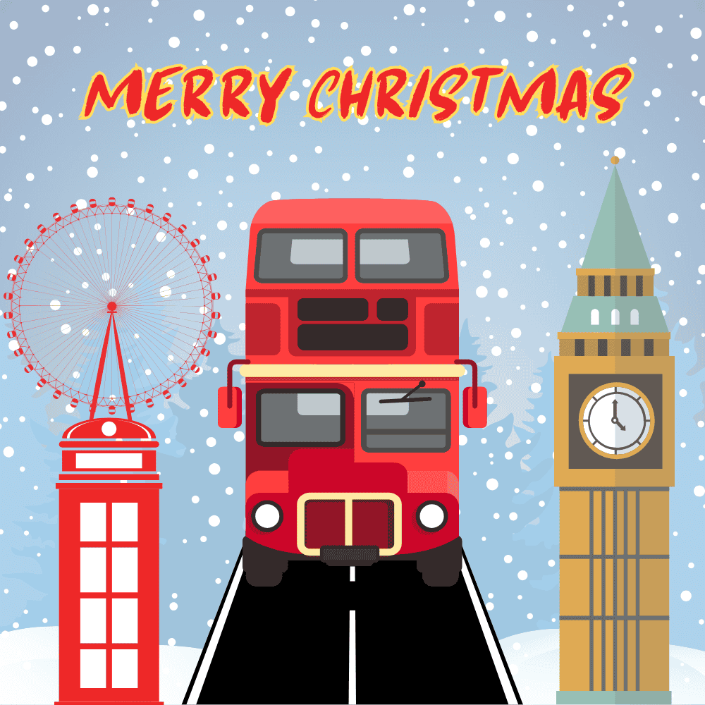 London Christmas eCard with Red Bus, Big Ben, and Snowy London Eye