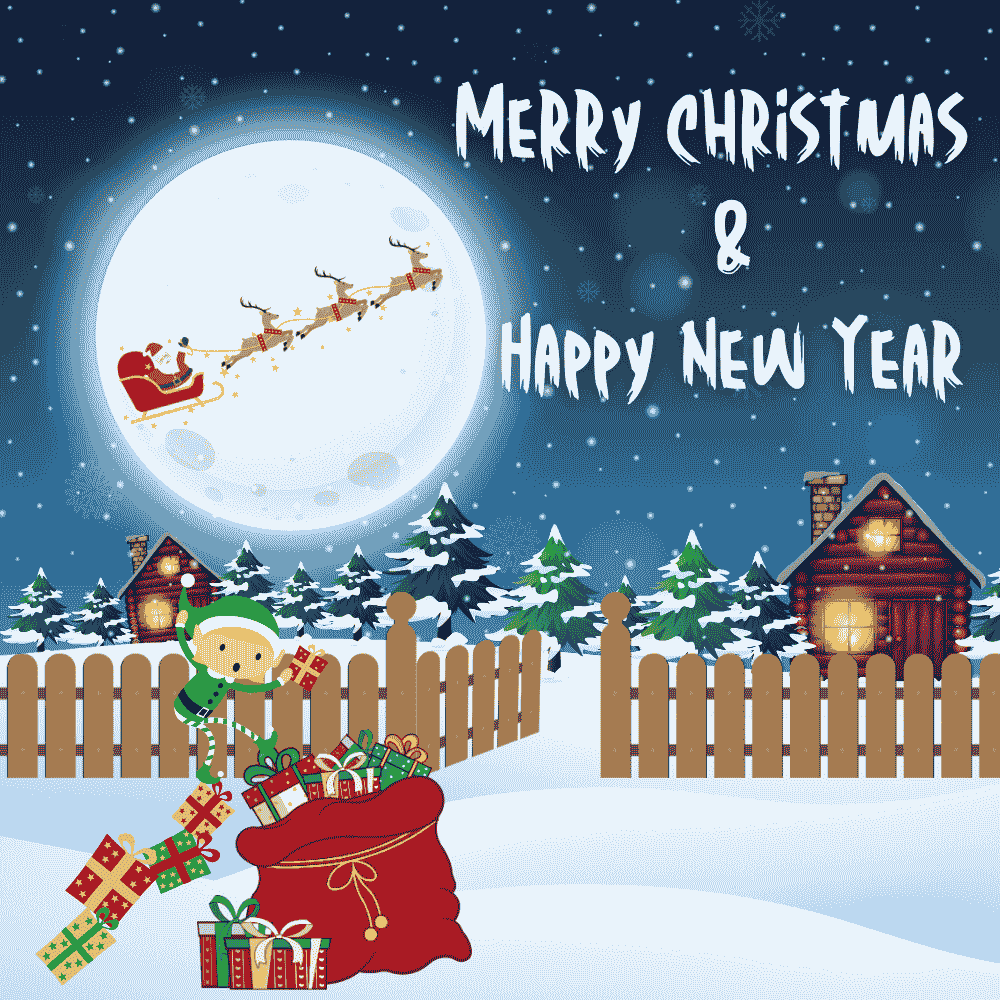 Santa Flying Across the Moon with Elf & Gifts – Merry Christmas & Happy New Year