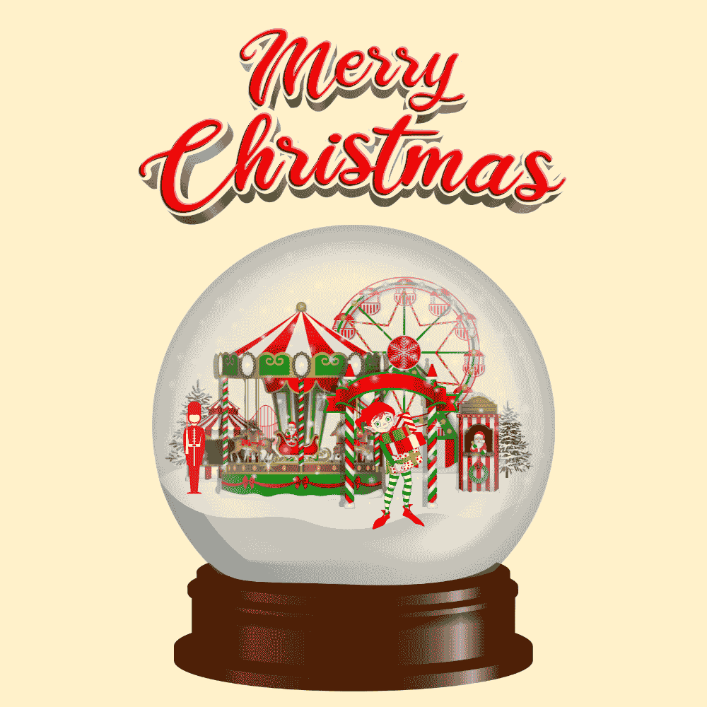 Whimsical Christmas Snow Globe eCard with Carousel, Ferris Wheel, and Elf
