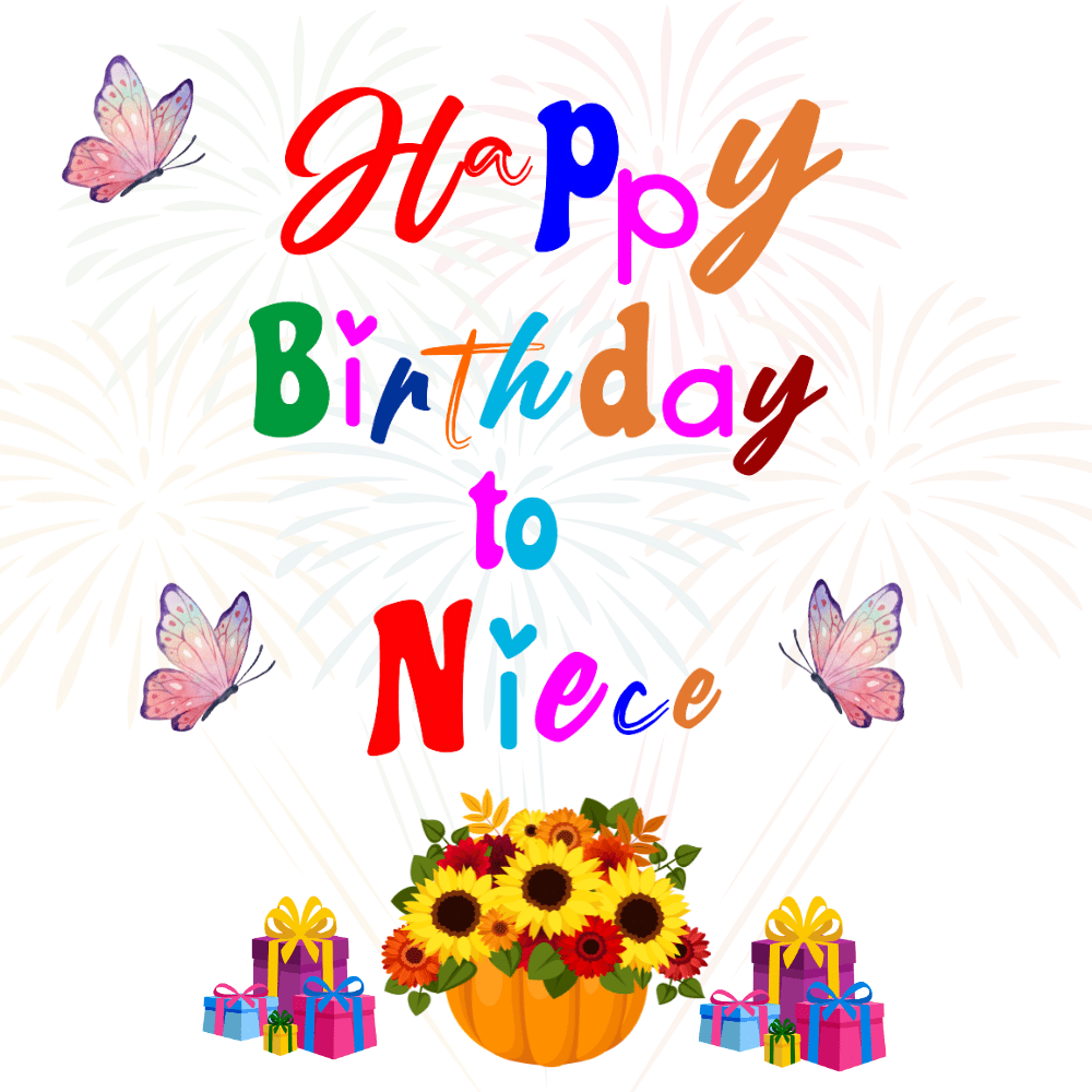 Happy Birthday eCard for Niece with Butterflies, Flowers, and Gifts
