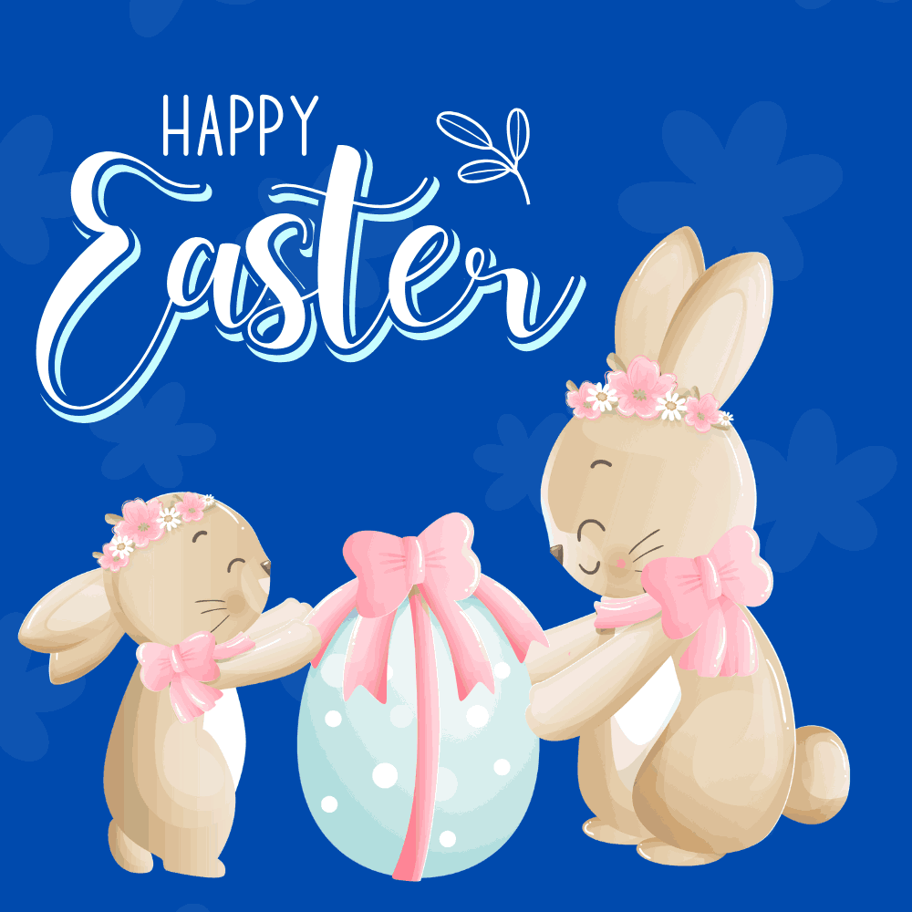 Happy Easter eCard Cute Bunnies Eggs with  Pink Ribbon