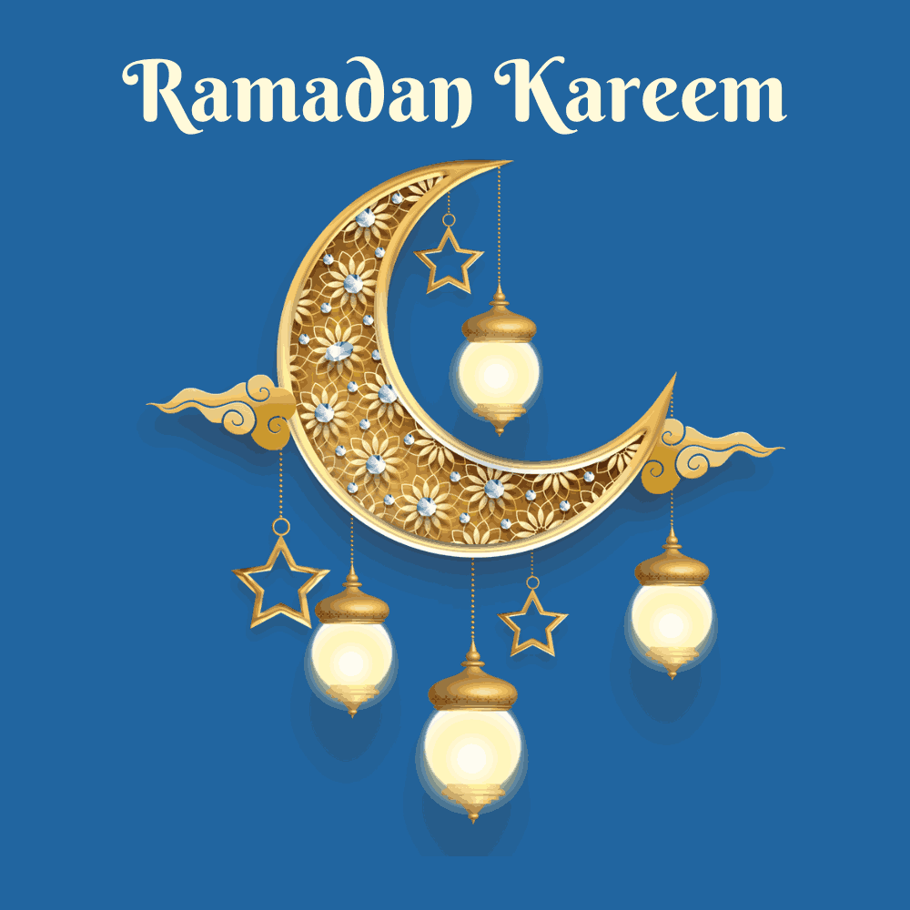 Elegant Ramadan Kareem Greeting with Golden Crescent and Lanterns
