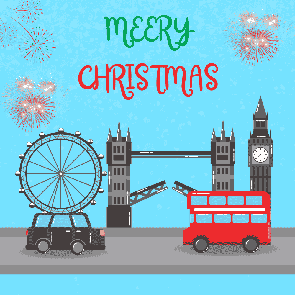 London Christmas eCard with Tower Bridge, Big Ben, and Double-Decker Bus
