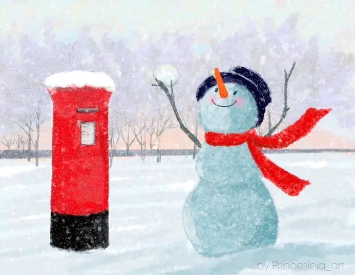 Red British letterbox and snowman