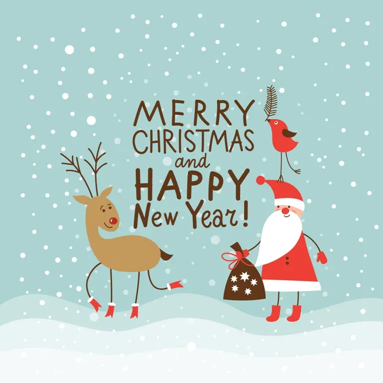 Christmas eCard. Cartoon picture of santa, reindeer and a winter bird. 
