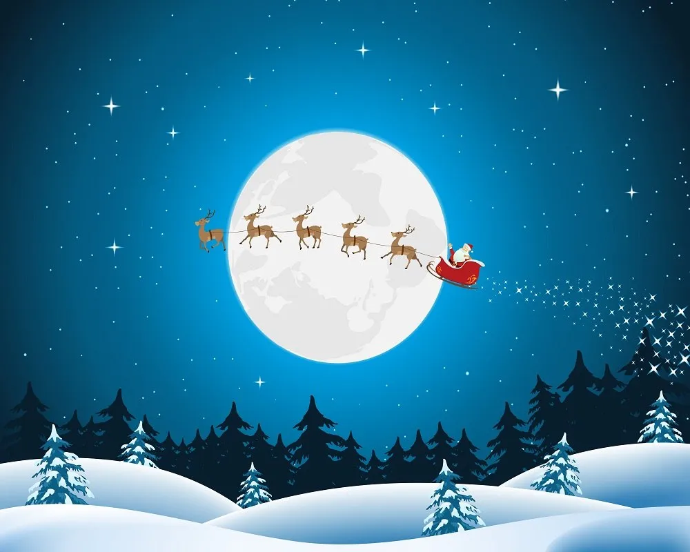 Santa with sleigh and reindeer flying past the moon